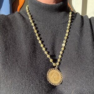 Vintage Spinach green beads with Gold Medallion Necklace